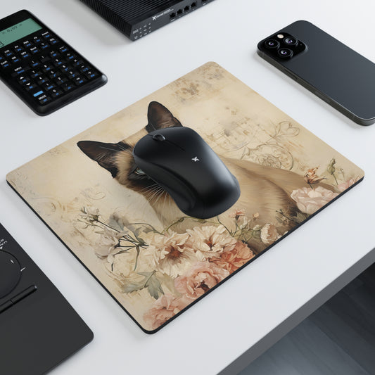 Elegant Siamese Cat Floral Mouse Pad Stylish Desk Accessory for Cat Lovers