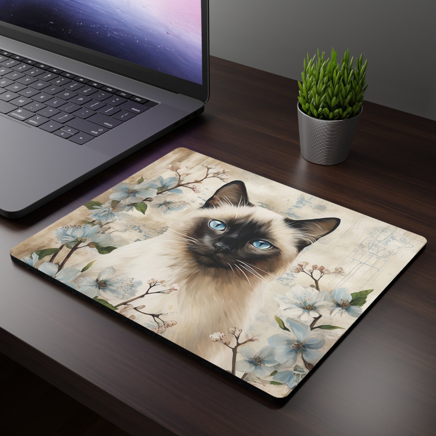 Mouse Pad, Siamese Cat Floral Mouse Pad – Elegant Desk Accessory for Cat Lovers