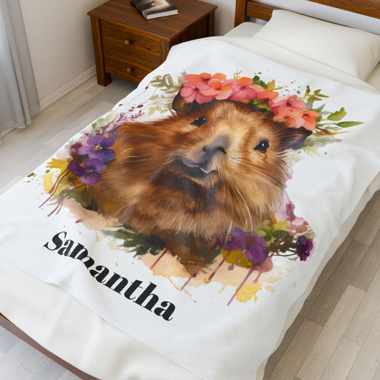 Personalized Velveteen Plush Blanket with Floral Guinea Pig Design