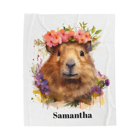 Personalized Velveteen Plush Blanket with Floral Guinea Pig Design