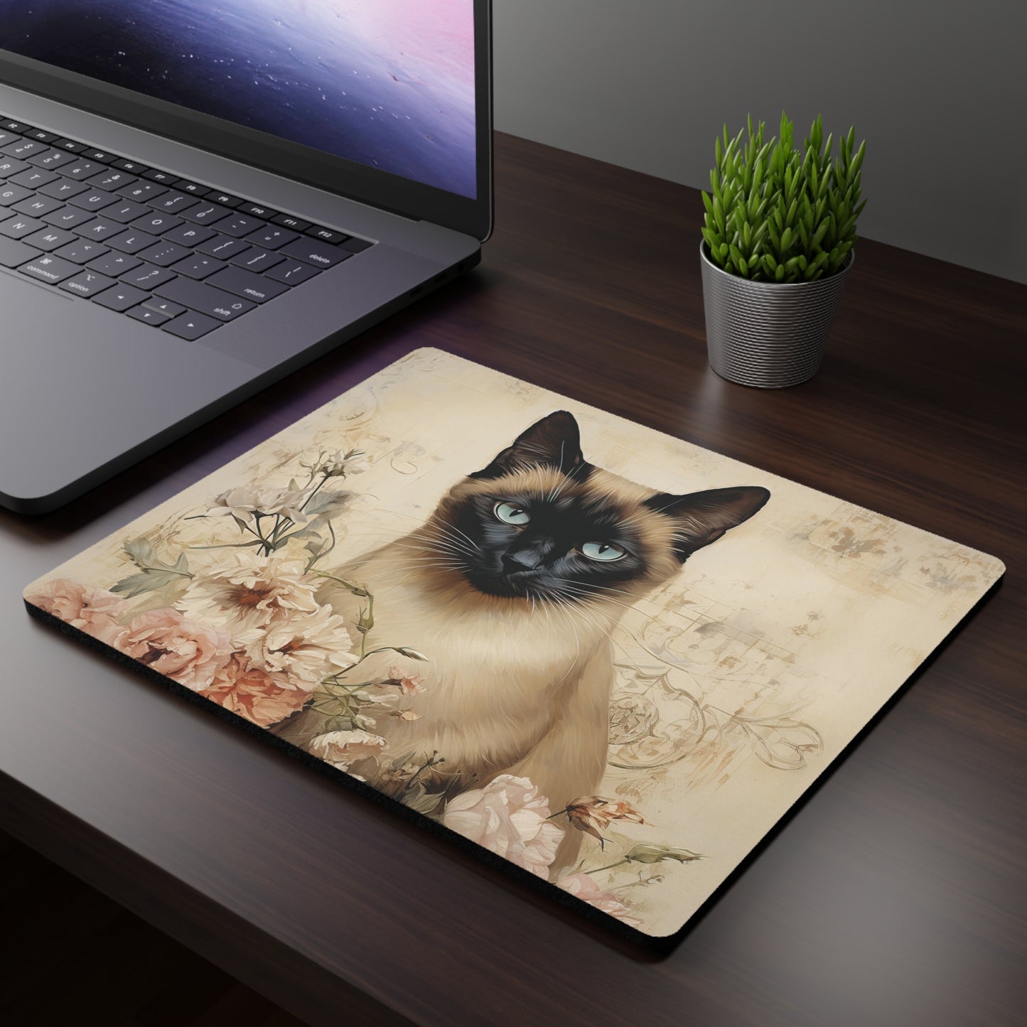 Elegant Siamese Cat Floral Mouse Pad Stylish Desk Accessory for Cat Lovers