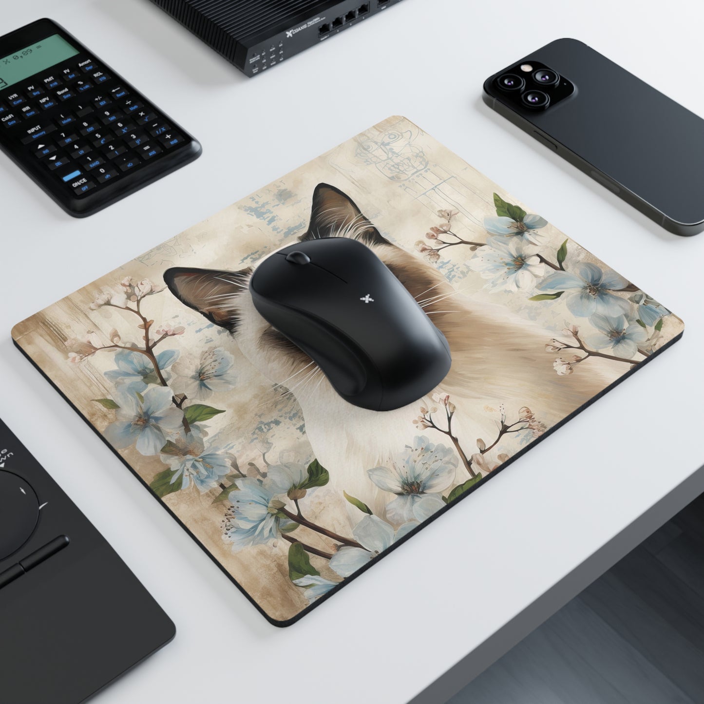 Mouse Pad, Siamese Cat Floral Mouse Pad – Elegant Desk Accessory for Cat Lovers