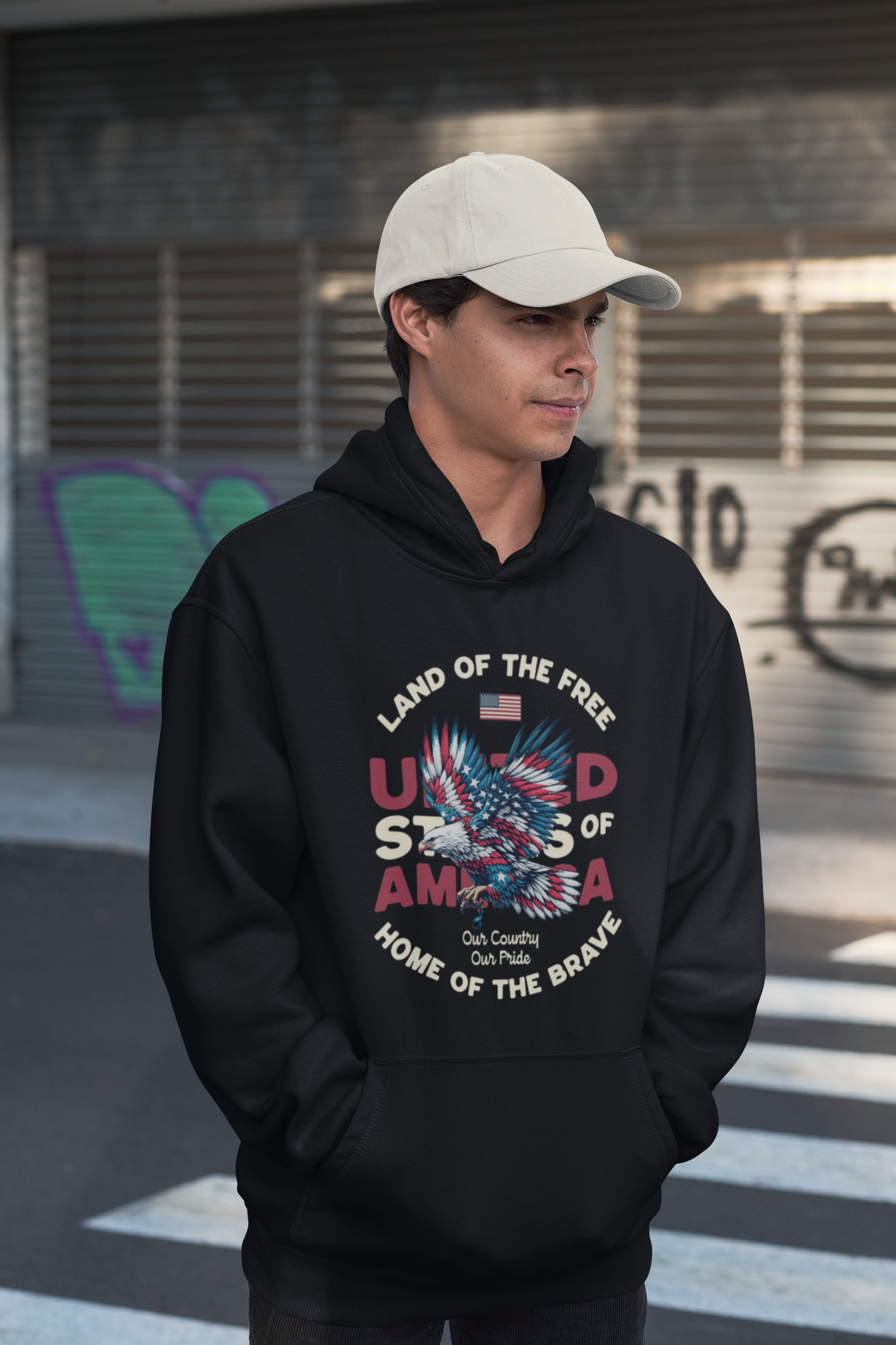 Young man wearing Patriotic Land of the Free Eagle Hoodie