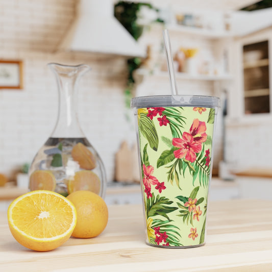 Tropical Flowers Plastic Tumbler with Straw