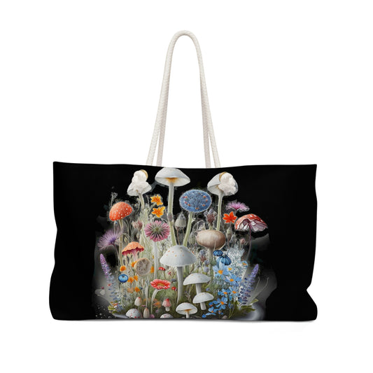 Overnight Bag Wild Mushrooms on Black Art Shopping Music Craft or Beach Bag